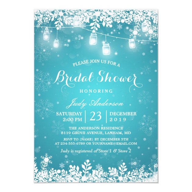 Mason Jar Lights Turquoise Winter Bridal Shower Card