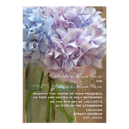 Mason Jar Of Blue & Purple Hydrangeas Wedding Invite