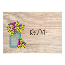 Mason Jar Of Pansies Reception RSVP Custom Announcements