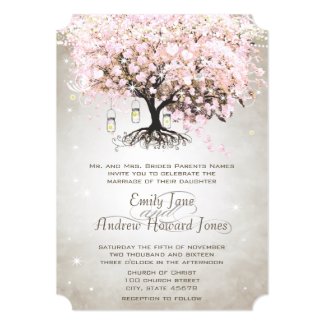 Mason Jar Pale Pink Heart Leaf Tree Wedding 5x7 Paper Invitation Card