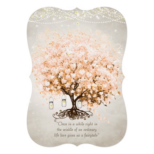 Mason Jar Peachy Pink Heart Leaf Tree Wedding Personalized Invites