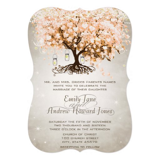 Mason Jar Peachy Pink Heart Leaf Tree Wedding Personalized Invites