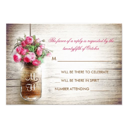 Mason jar & pink flowers wedding RSVP card
