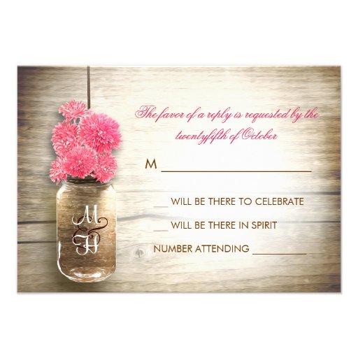 Mason jar & pink flowers wedding RSVP card