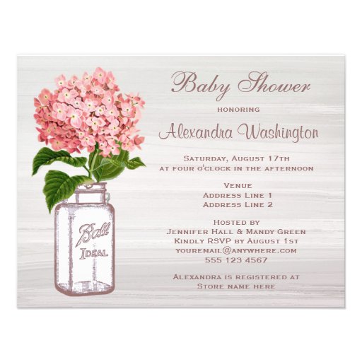 Mason Jar & Pink Hydrangea Rustic Baby Shower Custom Invites