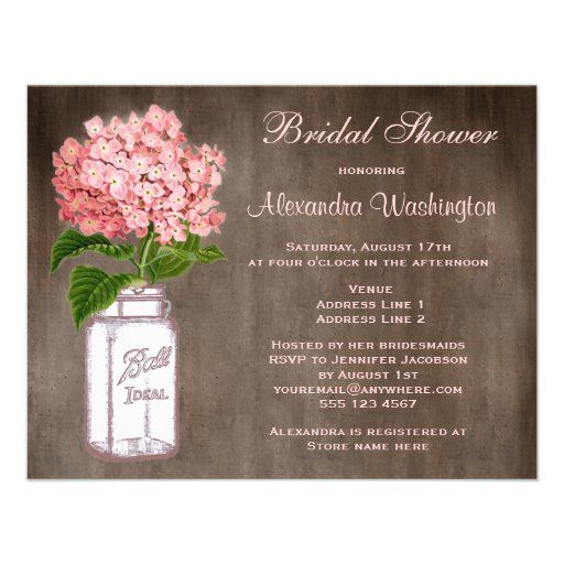 Mason Jar & Pink Hydrangea Rustic Bridal Shower Personalized Invitation