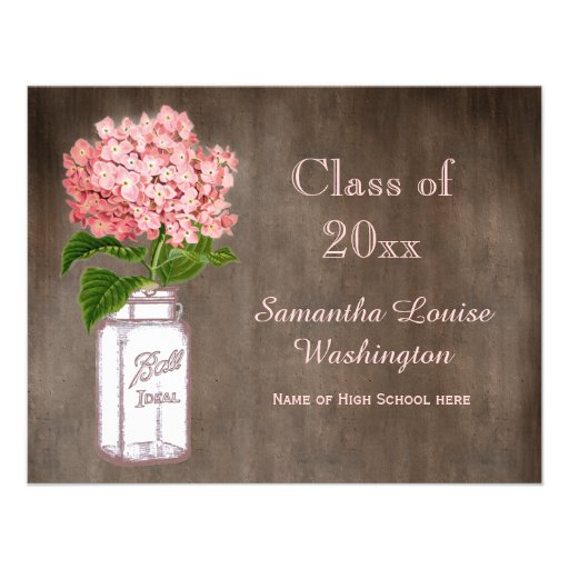 Mason Jar & Pink Hydrangea Rustic Graduation Party Custom Announcements