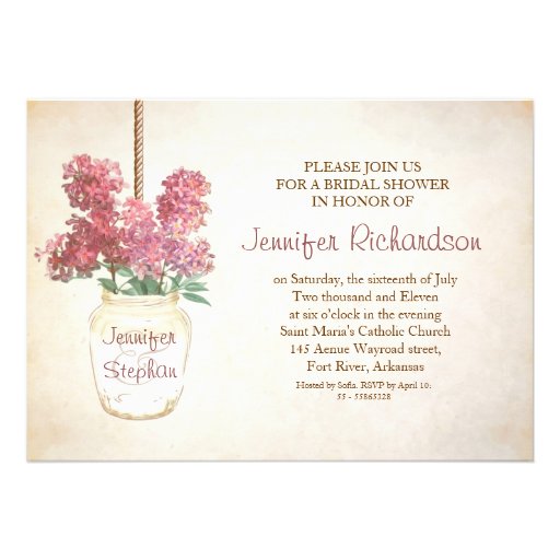 mason jar & pink lilacs bridal shower invitation