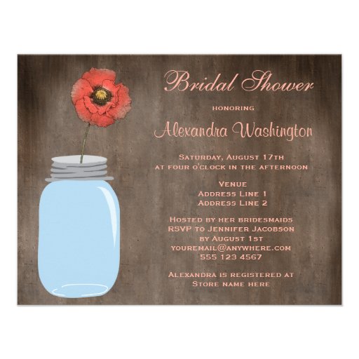Mason Jar & Poppy Rustic Bridal Shower Custom Invite