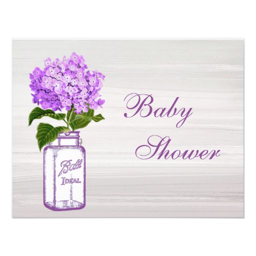 Mason Jar & Purple Hydrangea Chic Grey Baby Shower Announcements