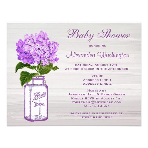 Mason Jar & Purple Hydrangea Chic Grey Baby Shower Announcements