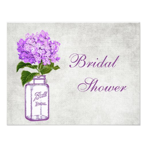 Mason Jar & Purple Hydrangea Grey Bridal Shower Custom Invitations