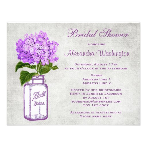 Mason Jar & Purple Hydrangea Grey Bridal Shower Custom Invitations