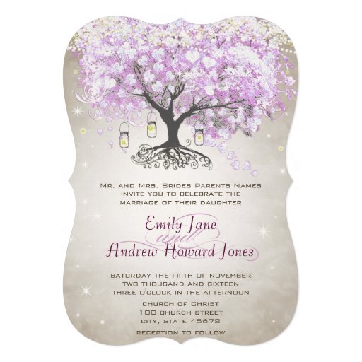 Mason Jar Radiant Lavender Leaf Tree Wedding Custom Invite