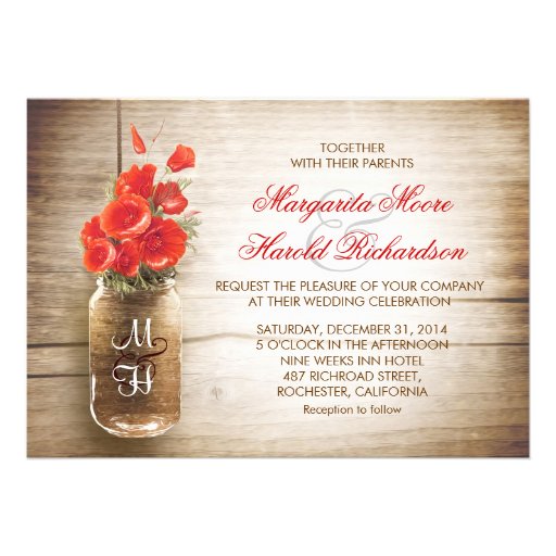 Mason jar & red color flowers wedding invites