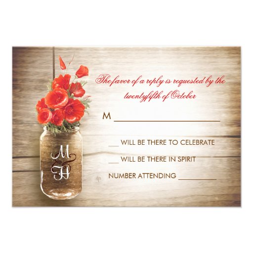 Mason jar & red flowers wedding RSVP card