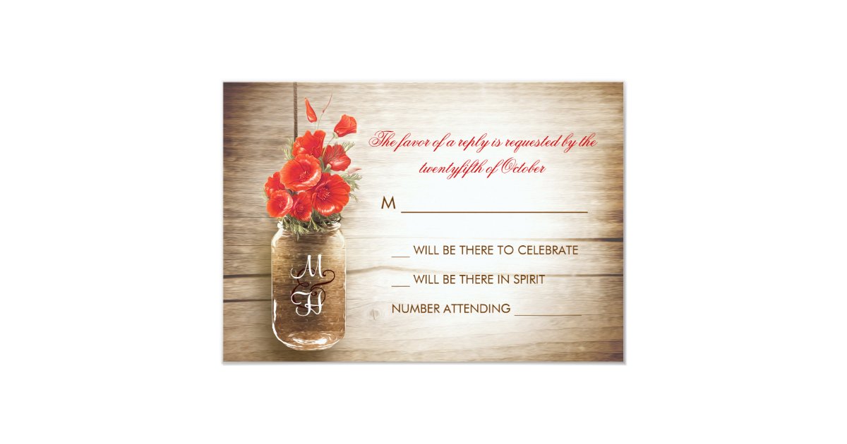 Mason jar & red flowers wedding RSVP card Zazzle