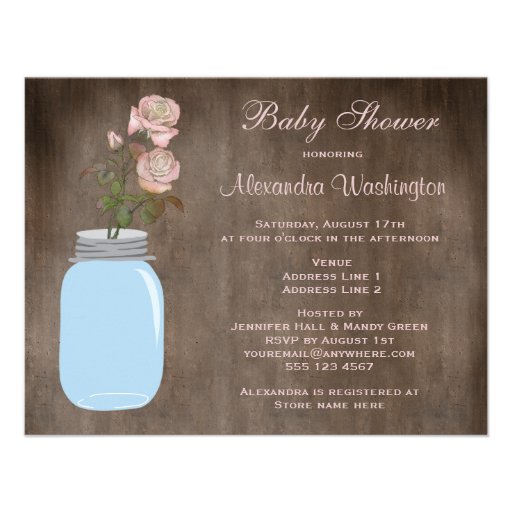 Mason Jar & Roses Rustic Baby Girl Shower Personalized Invitation
