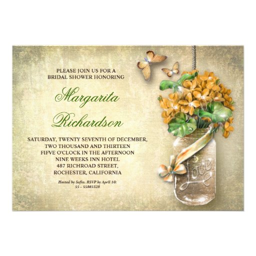 mason jar rustic aged floral bridal shower invites