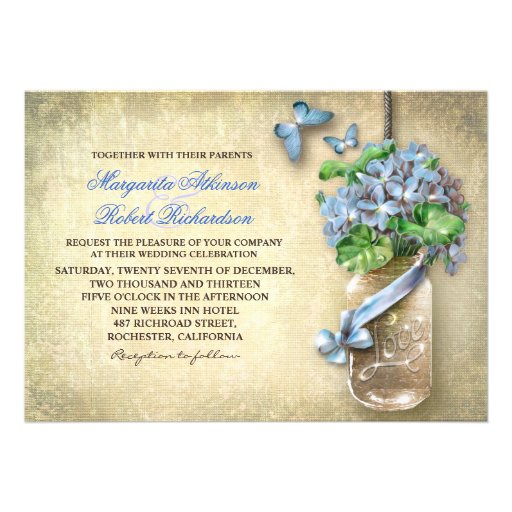 mason jar rustic aged floral wedding invitation