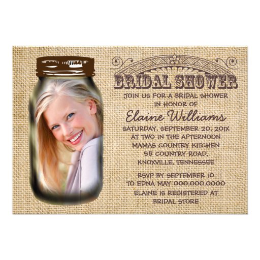 Mason Jar Rustic Burlap Bridal Shower Custom Invitations