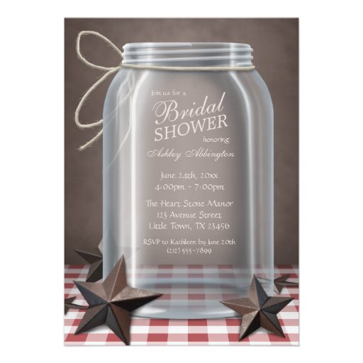 Mason Jar Rustic Stars Red Gingham Bridal Shower Custom Invite