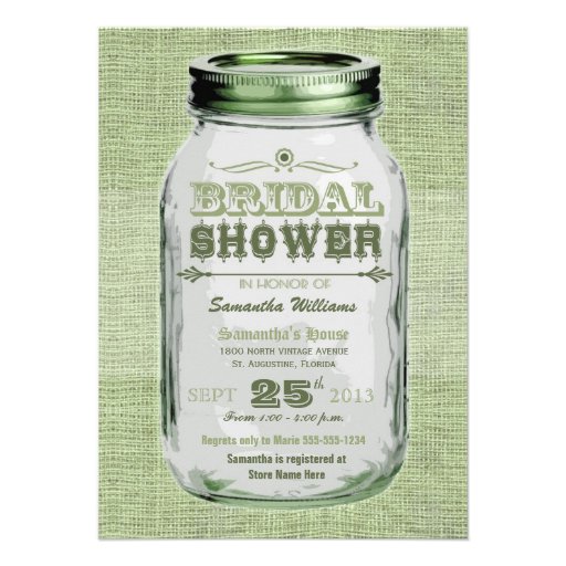 Mason Jar Rustic Vintage Look Green Bridal Shower Personalized Invitation