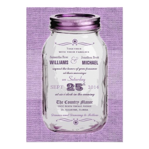 Mason Jar Rustic Vintage Look Purple Wedding Custom Announcement