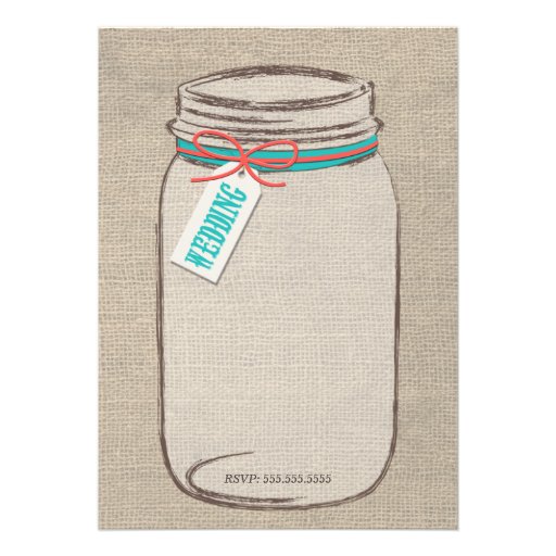 Mason Jar Rustic Wedding Invitation - Coral Teal