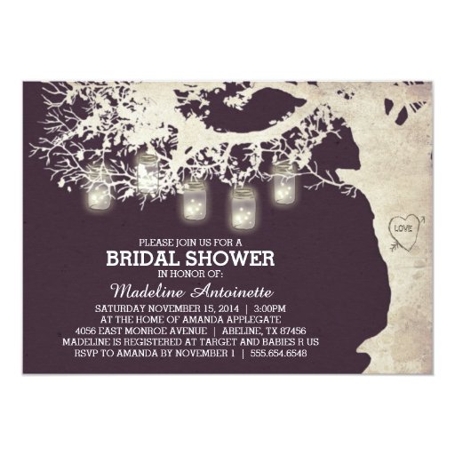 Mason Jar String Light Bridal Shower Plum Announcements