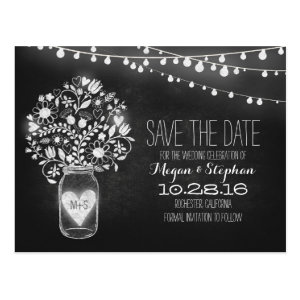 Mason jar & string lights chalkboard save the date postcard