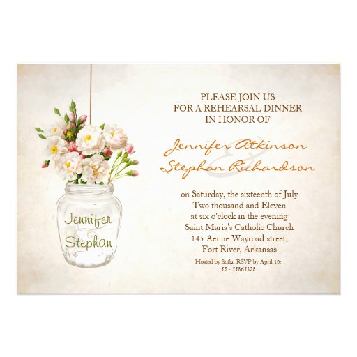 mason jar victorian flower rehearsal dinner invite