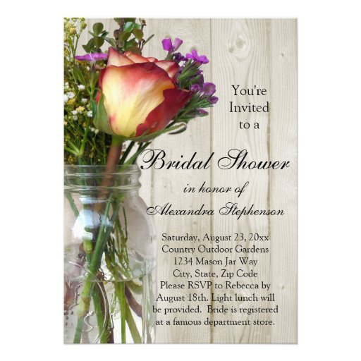 Mason Jar w/Rose/Wildflowers Bridal Shower Invite (front side)