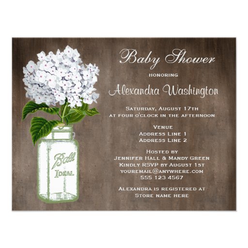 Mason Jar & White Hydrangea Rustic Baby Shower Custom Invites