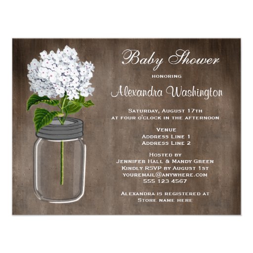Mason Jar & White Hydrangea Rustic Baby Shower Personalized Announcements