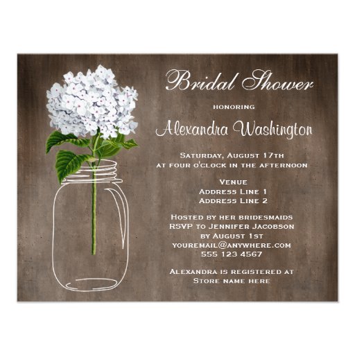 Mason Jar & White Hydrangea Rustic Bridal Shower Invitations