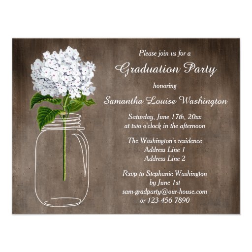 Mason Jar White Hydrangea Rustic Graduation Party Custom Invitation