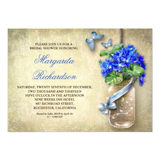 mason jar with blue flowers-bridal shower invites