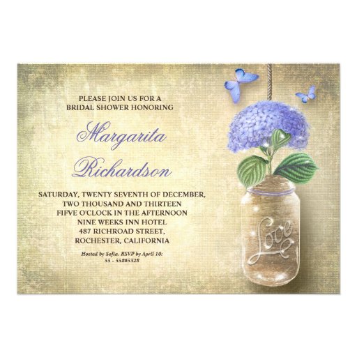 mason jar with blue flowers-bridal shower invites