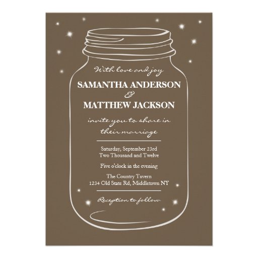 Mason Jar with Fireflies Wedding Invitation  Brown