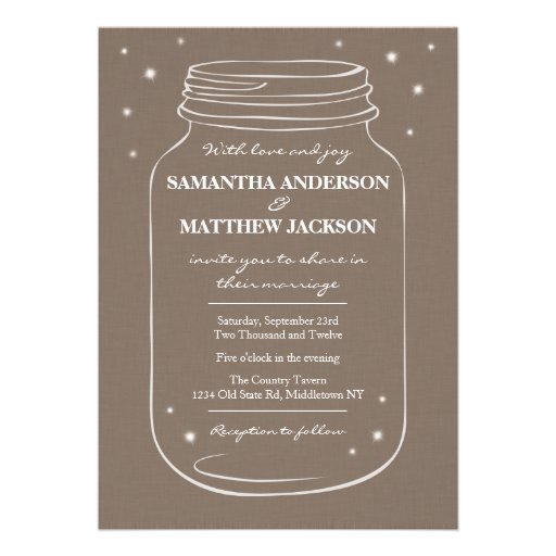 Mason Jar with Fireflies Wedding Invitation Linen