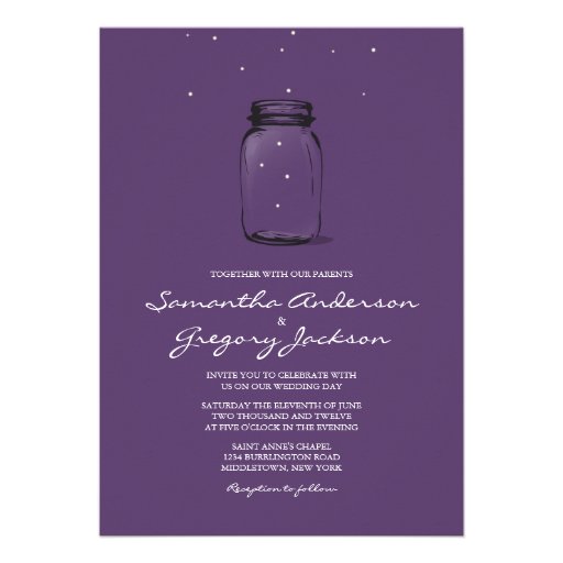 Mason Jar with Fireflies Wedding Invitation Purple