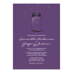 Mason Jar with Fireflies Wedding Invitation Purple