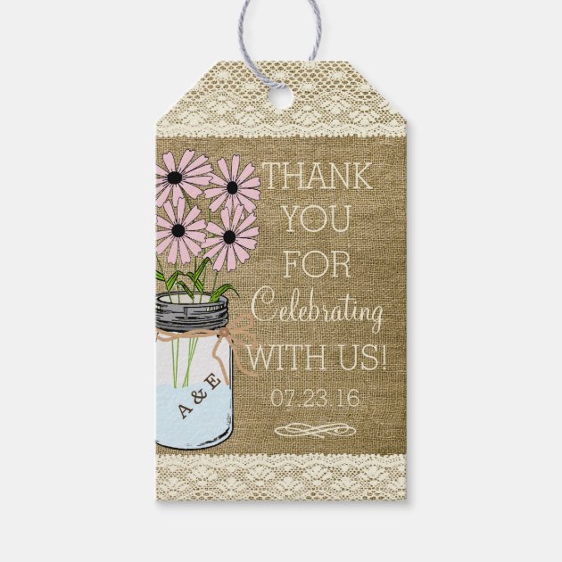 Mason Jar with Pink Flowers Rustic Country Wedding Pack Of Gift Tags