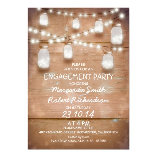 mason jars and lights engagement party invitation (front side)