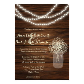 Mason jars and lights rustic wedding invitations