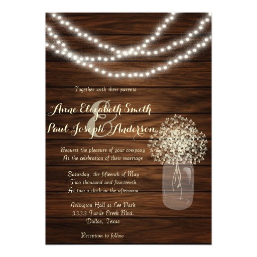 Mason jars and lights rustic wedding invitations