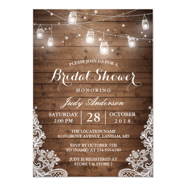 Mason Jars Lights Rustic Wood Lace Bridal Shower Card (front side)