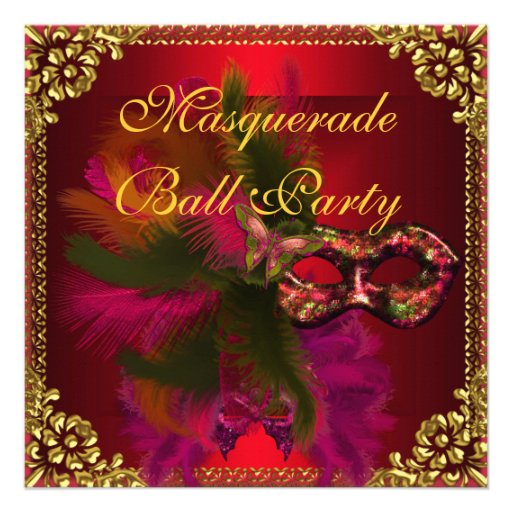 Masquerade Ball Party Masks Gold Deep Red Personalized Invite (front side)
