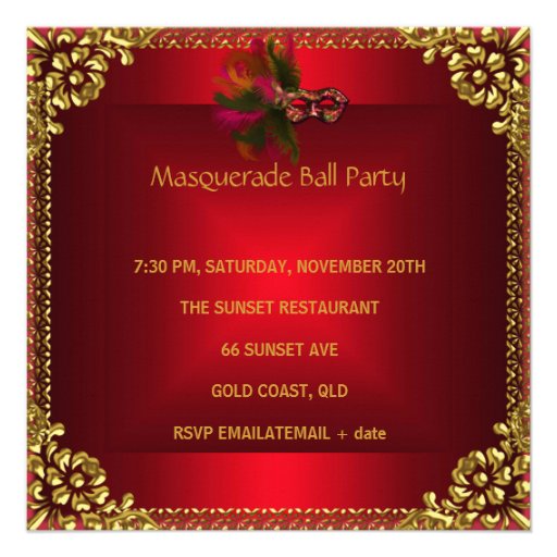 Masquerade Ball Party Masks Gold Deep Red Personalized Invite